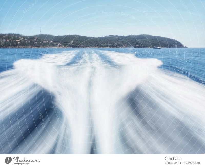 Tail wave in blue white boat Ocean Blue Sky Landscape coast Nature Summer vacation ship rear wave Water Tourism travel Cruise Trip Maritime Vacation & Travel