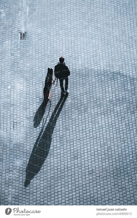 man walking around with his dog on the street person people human pedestrian pet shadow silhouette ground outdoors city urban city life lifestyle visit visiting