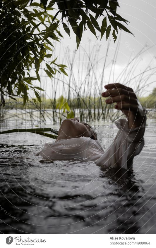 wet white blouse II man water hands wet hair wet clothes portrait River River bank riverside Reflection Water Wet Surface of water Portrait photograph