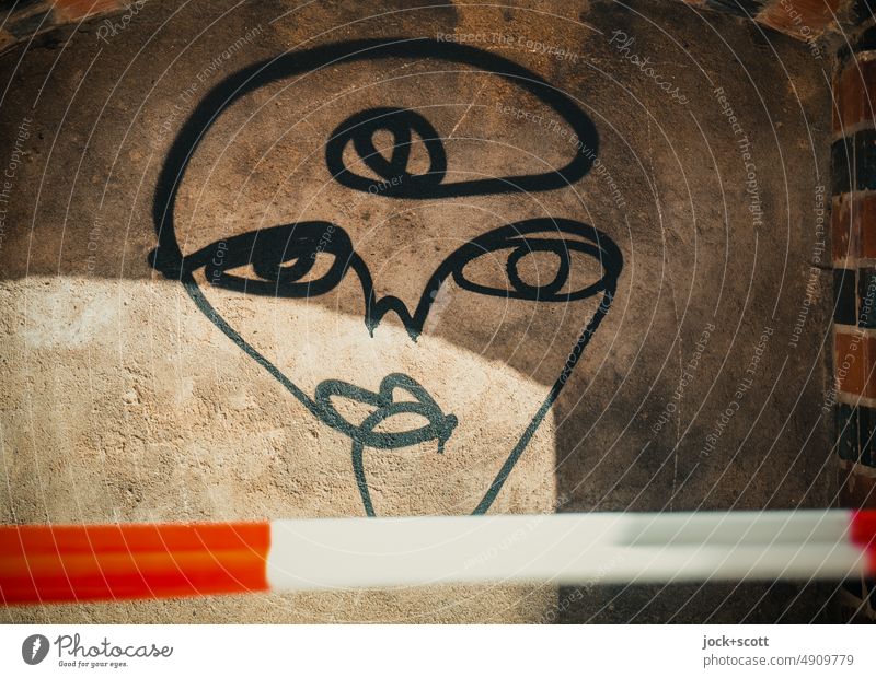 artistic portrait drawn with loose stroke Creativity barrier tape Sunlight Shadow Art Style Characters Wall (building) Modern Face Stroke Simple Street art