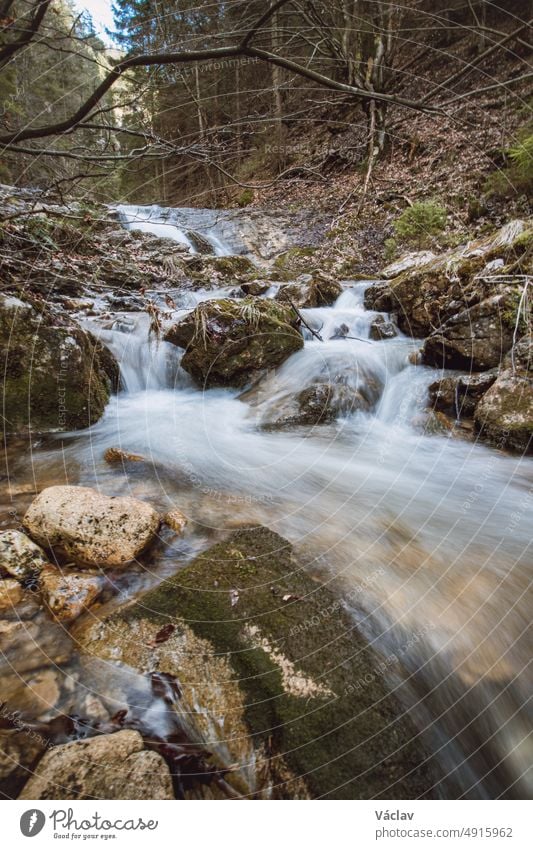 Beautiful white waterfalls in a rocky environment known as Janosikove diery, Lesser Fatra, Slovakia. stream of water finds its way through the rocks. Waterfalls Dieroveho potoka