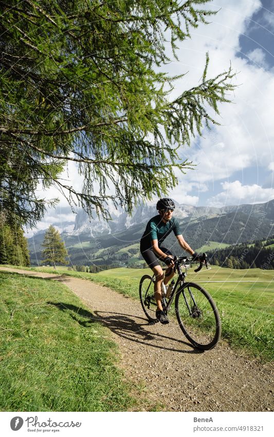 Road cyclist climbing the Italian Dolomites Alpine Alps Alto Adige Athlete Autumn Beautiful Blue Blue Sky Climbing Cycling Cyclist Enjoyment Exercising Fitness