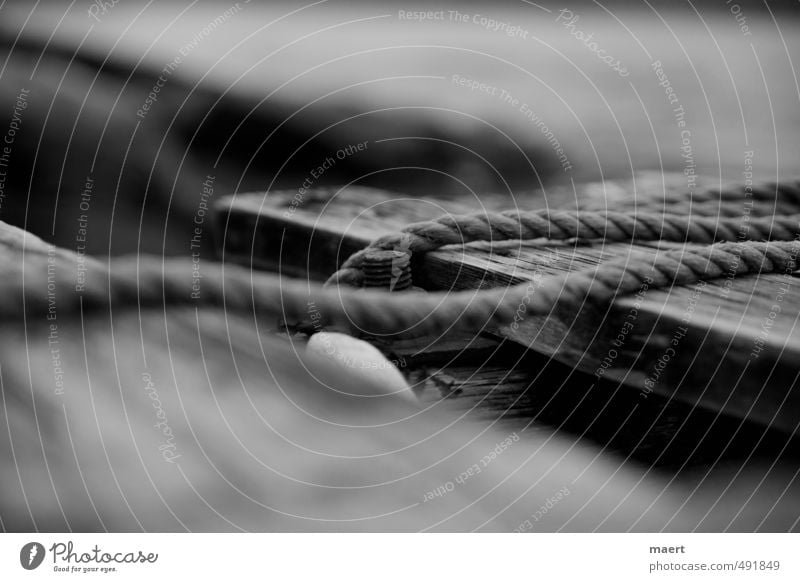 At the footbridge Wood Old Footbridge Rope Screw Fjord Black & white photo Exterior shot Detail Deserted Copy Space top Copy Space bottom Shallow depth of field