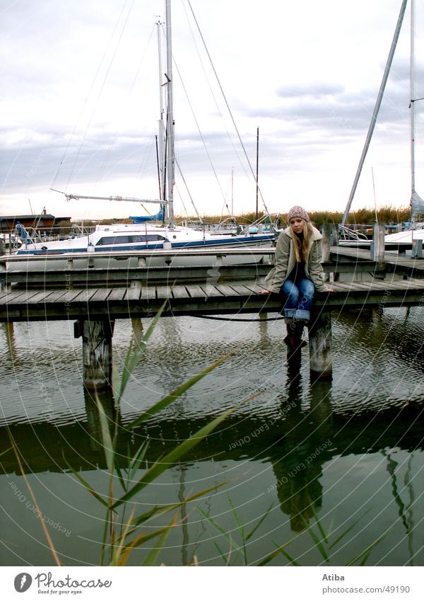 By the lake ... #4 Lake Woman Girl Blonde Sweet Mysterious Sweater Roll-necked sweater Red Autumn Cold Austria Beautiful Watercraft Reflection Footbridge Sky