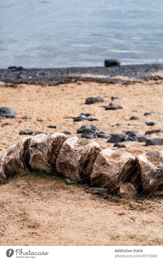 Rough rocky hill near blue ocean in Iceland landscape nature sea stone formation scenery picturesque scenic rough iceland overcast wild uneven untouched slope