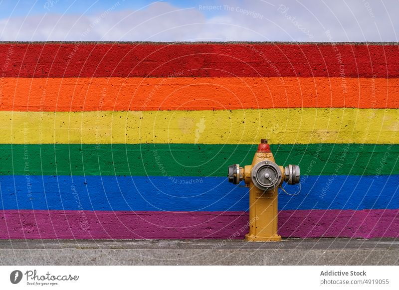 Fire hydrant on asphalt road near wall with rainbow flag fire lgbt street paint symbol pride emergency urban sidewalk tradition roadside multicolored homosexual