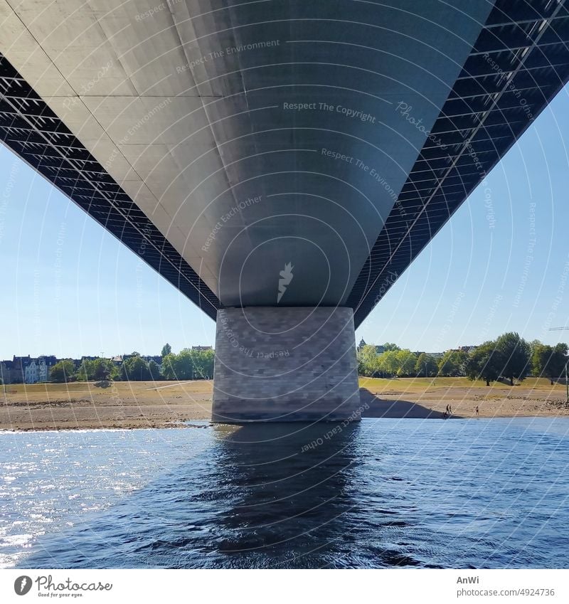 Rhine bridge at low water rhine bridge Low water Parallel Duesseldorf Summer Boating trip aridity sunshine Bridge pier rheinufer Vacation atmosphere Drought