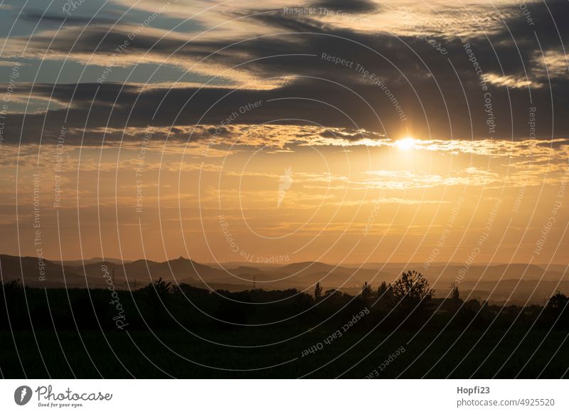 View into the Thuringian Basin wachsenburg Thuringia sunset three equals castle mountain Colour photo Exterior shot Deserted Landscape Nature Sky Hiking Fog