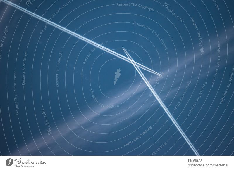 Contrails in the blue sky Sky Vapor trail air traffic Blue sky Air Aviation Flying Beautiful weather Vacation & Travel Freedom Airplane Means of transport