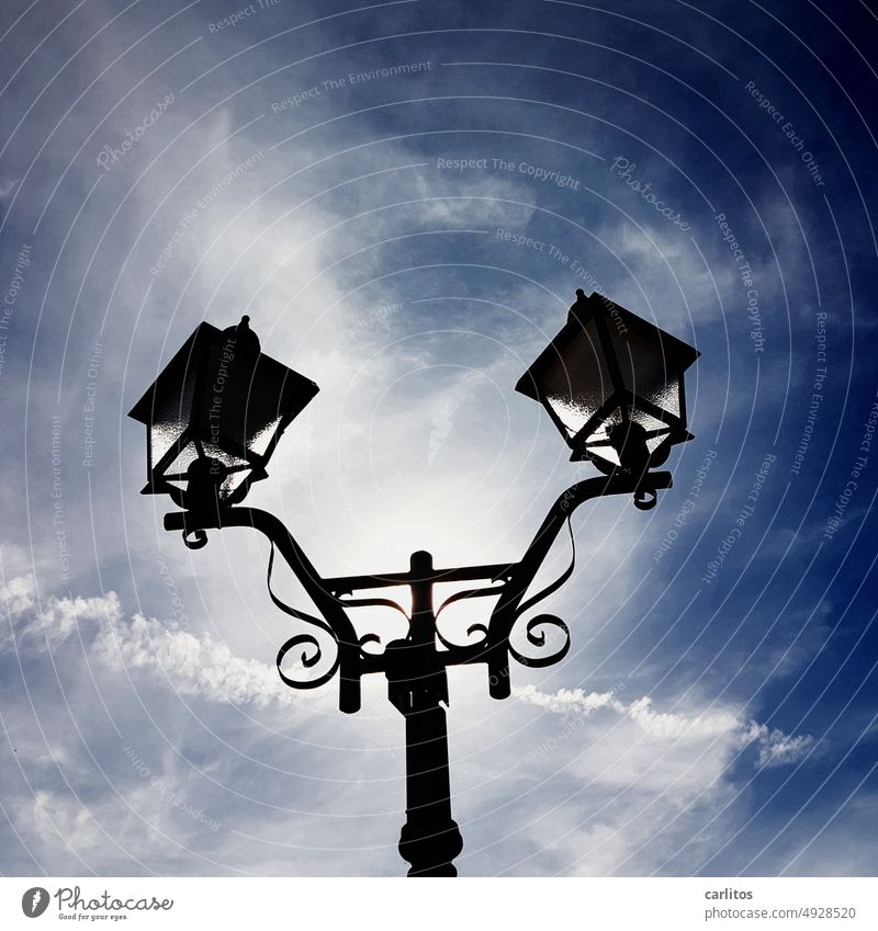 Solar light | Alternative energy Lantern Candelabra Back-light Sun Solar Energy Wrought iron Old town Historic Sky Blue Street lighting Lighting Esthetic Lamp