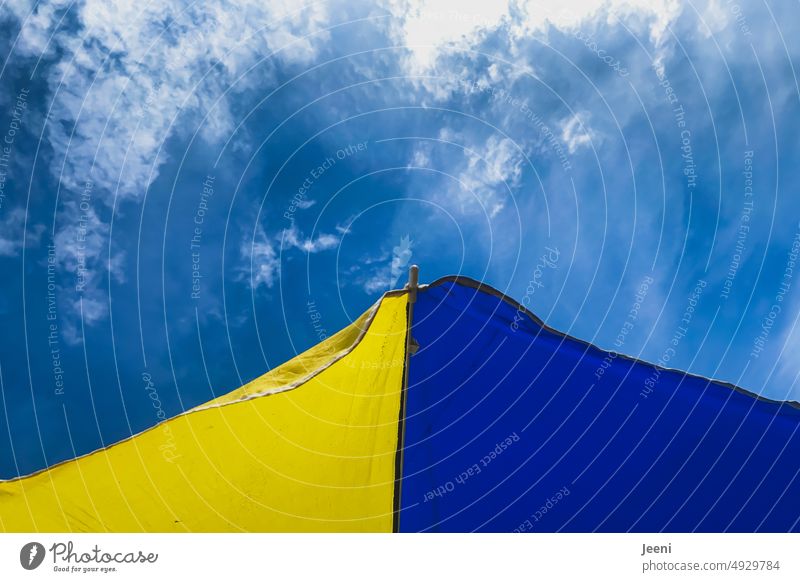 Blue and yellow parasol Blue-yellow Umbrellas & Shades rescue parachute Sunshade Summer Sky Beach Yellow Ukraine Ukraine war Sign Hope Symbols and metaphors