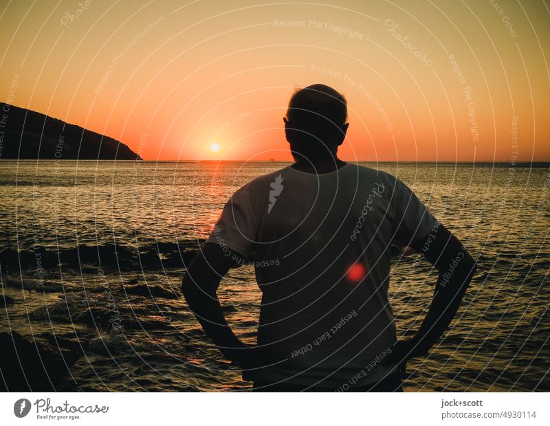 experience enchanting sunrise on the Mediterranean Sea Sunlight Back-light Silhouette Relaxation coast Mediterranean sea Authentic Horizon Man Beautiful weather