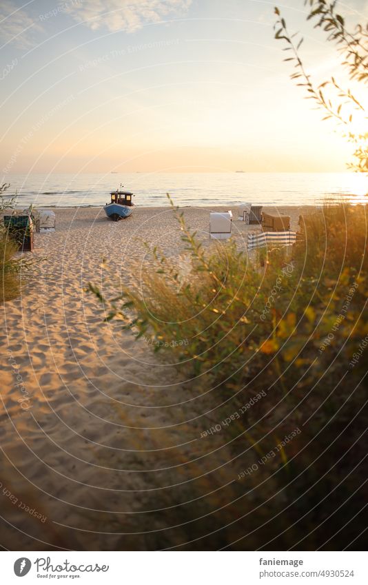 Sunrise in Heringsdorf Neuhof Ocean Sandy beach duene boat early in the morning morning mood warm colors Sunbeam Sunlight Icon iconic Usedom shrub Bathing beach