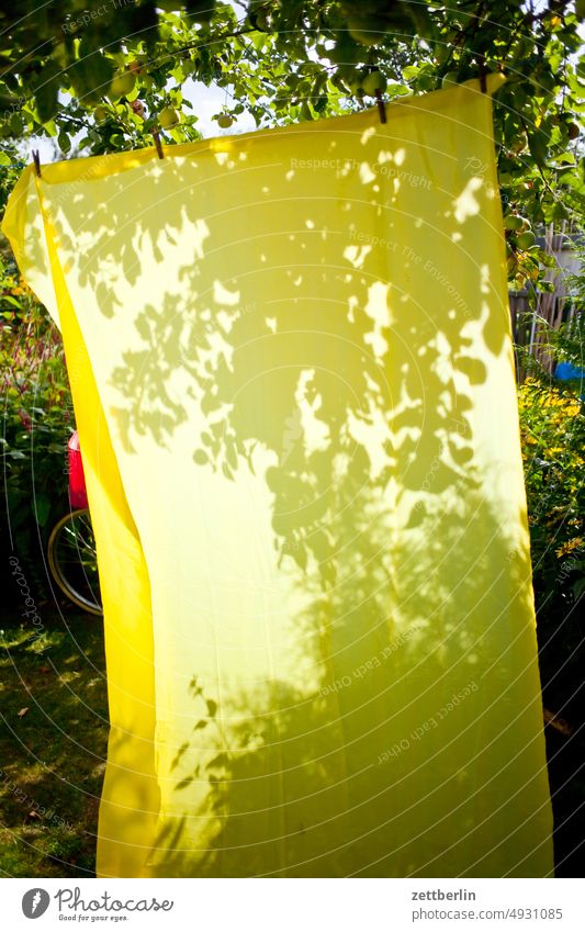 Yellow tarp in garden Branch Tree Relaxation holidays Curtain Garden Hedge allotment Garden allotments Light Deserted neighbourhood Nature Plant tranquillity