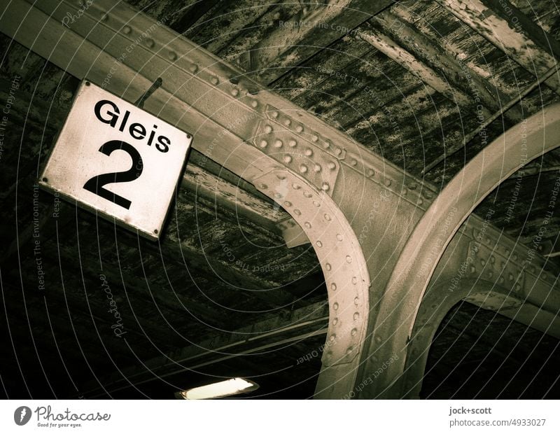 Ostkreuz - Track 2 before 2009 Signs and labeling number Digits and numbers Berlin Authentic Steel carrier Canopy Historic Old Weathered Ravages of time Past