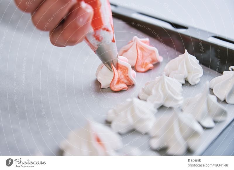 Process of baking meringue, Cooking sweet dessert cake preparing cooking cream recipe zephyr homemade chef kitchen decorating pastry background closeup food