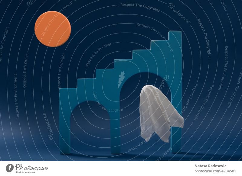 A ghost floats in front of the stairs in the light of the orange moon on blue background Abstract halloween Rectangle aesthetic scary moonlight art azure