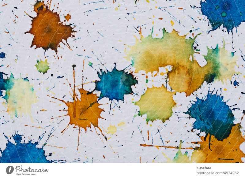 Colourful paint splashes variegated Dab of paint Structures and shapes Patch of colour Creativity Ink watercolour colour stains blotch Blue Orange Yellow