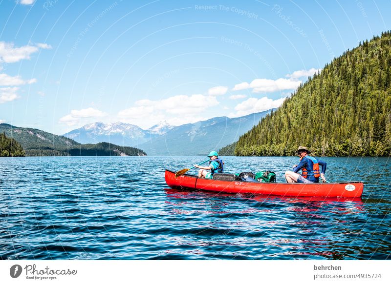 on the way to new shores Trip Surface of water Waves Clearwater Lake boat Sky Water Vacation & Travel Mountain Tourism Forest Fantastic Boating trip