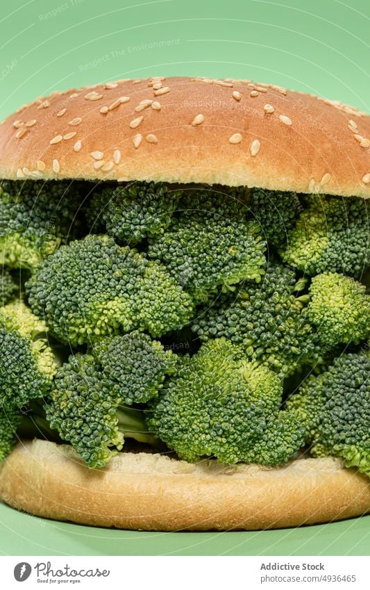 Burger bun with fresh broccoli burger half healthy food diet concept vegan color bright lunch culinary vivid dish nutrition bunch vitamin portion cuisine