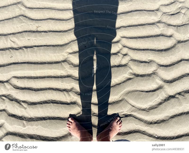 we must not put the sand in our heads now | ... Beach Sand Shadow Feet Mud flats Low tide Waves North Sea Tide coast Stand Summer Barefoot Groove