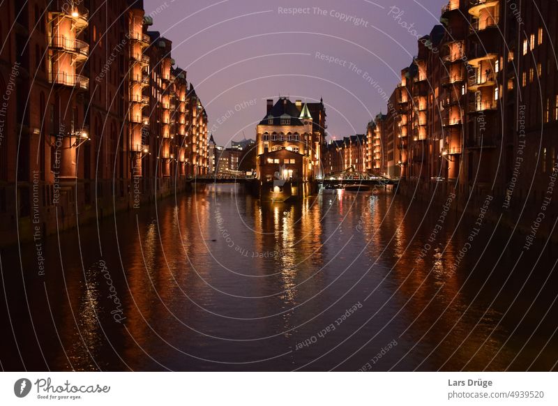 Speicherstadt by night storehouse city Old warehouse district Tourist Attraction Hamburg Architecture Water Landmark Historic Building Brick Bridge Channel