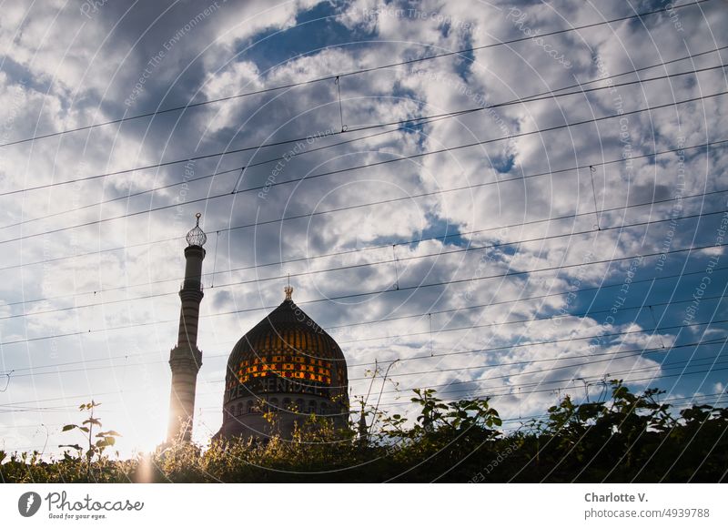 Yenidze lights Dresden Sky Sunbeam plants Overhead contact lines Exterior shot Tourist Attraction Sunset Architecture Manmade structures Domed roof Monument