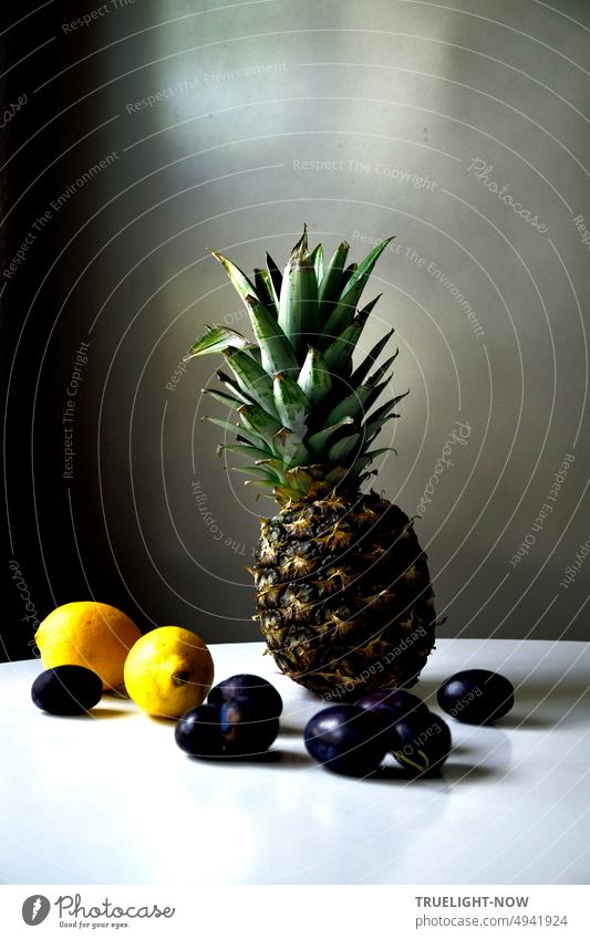 Late summer still life with fresh vitamins: fruit, fruits, pineapple with leaves, lemons, plums Stone fruit Citrus fruits Lemons Plums Pineapple Fresh