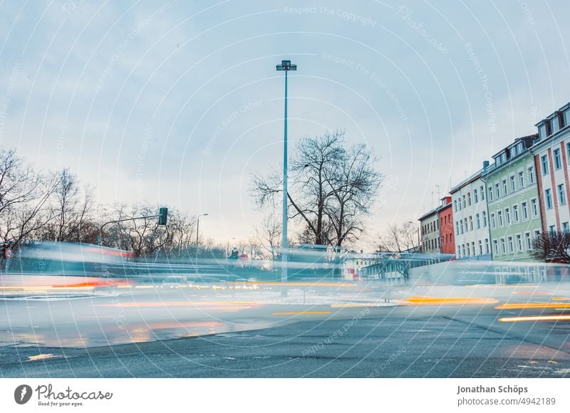 Traffic in Erfurt long exposure on the road in winter tempolimit motion blur Means of transport Traffic infrastructure Twilight Frost Morning Snow Winter Blue