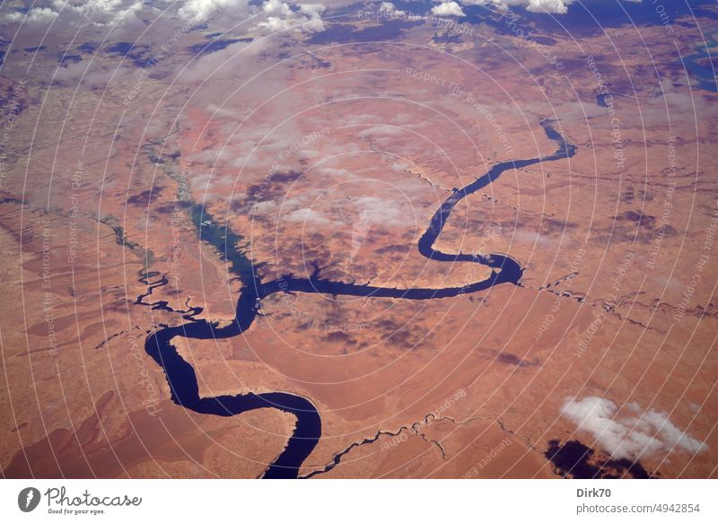 Aerial view of the Colorado River in Utah, Glen Canyon Recreational Area, Halls Crossing. USA Landscape Americas Nature Vacation & Travel Vantage point Mountain