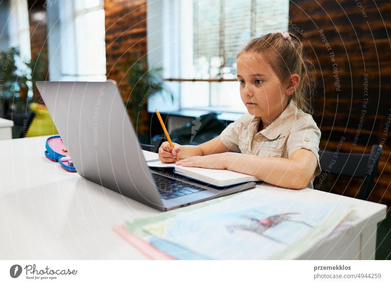 Engaged absorbed student doing her homework using laptop in after school club at primary school. Back to school. Child using technology on computer science class. Smart girl learning from educational application at school