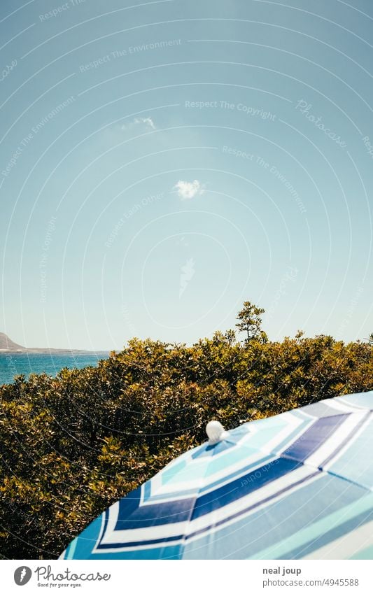 Blue sky over blue parasol on blue sea. Summer vacation Vacation & Travel Relaxation Ocean Beach Tourism Beautiful weather Sky single cloud Sunlight