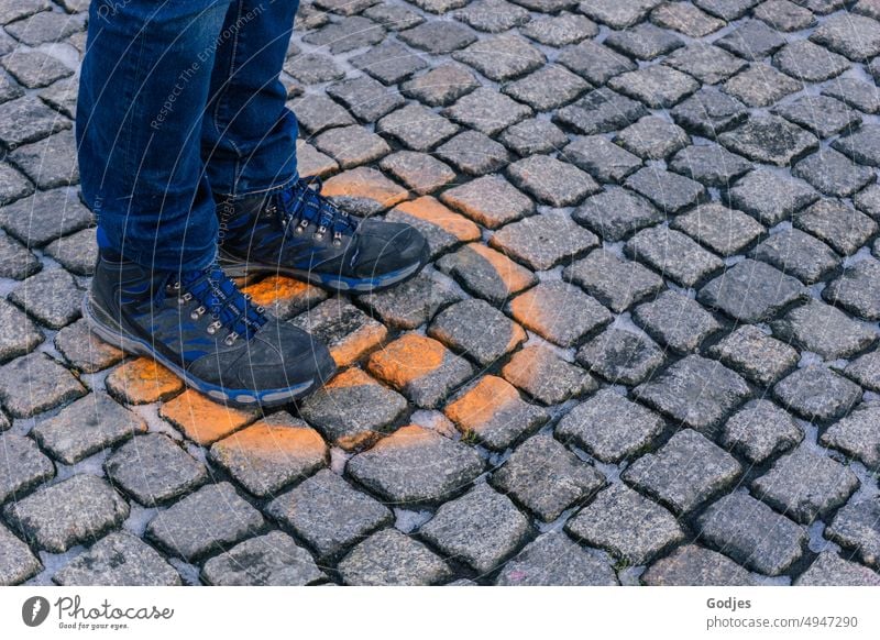 Place boundary - person stands in a circle on a coronademo | corona thoughts Circle Maring Legs feet Feet leg Footwear Paving stone Human being Stand