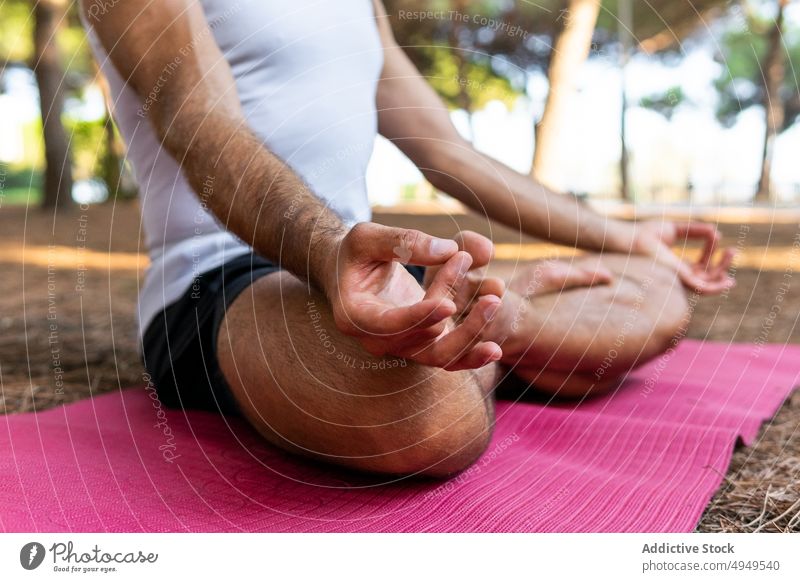 Crop man meditating on mat in park meditate yoga session lotus pose gesture mudra zen male legs crossed wellbeing vitality summer practice relax mindfulness