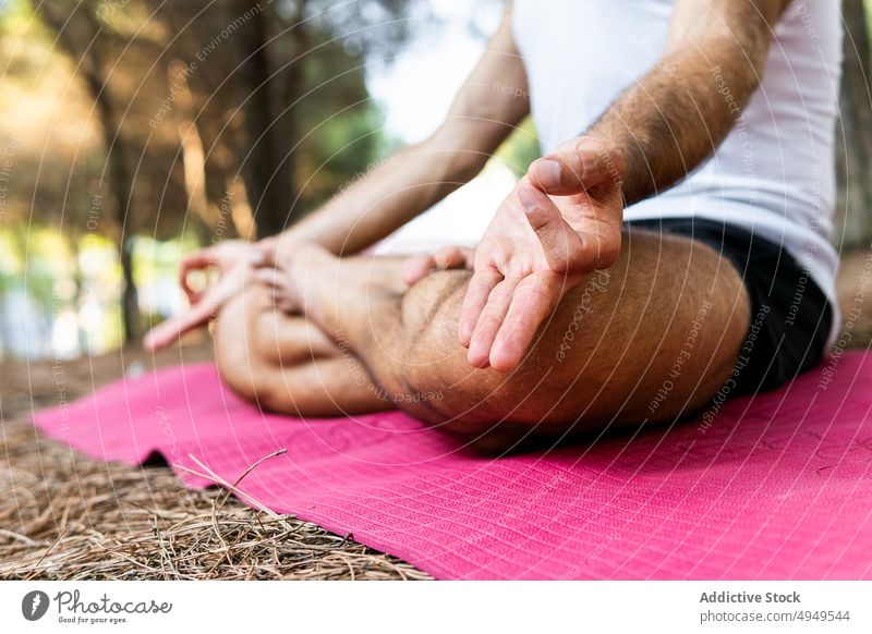 Crop man meditating on mat in park meditate yoga session lotus pose gesture mudra zen male legs crossed wellbeing vitality summer practice relax mindfulness