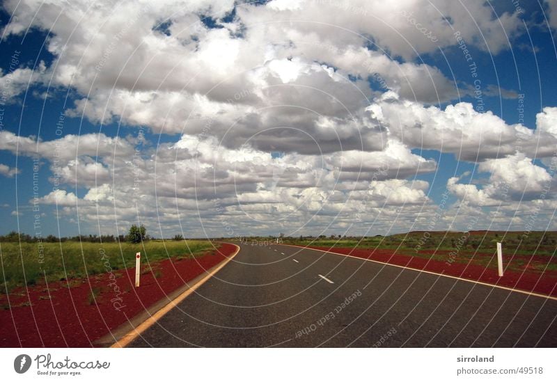 Great Northern Highway Red Horizon Clouds Monsoon Raincloud Storm clouds Green Port Hedland Far-off places Street Sand Sky Blue Banquet