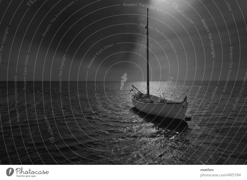 lie off Aquatics Sailing Autumn Waves Baltic Sea Navigation Boating trip Fishing boat Sport boats Black White Drop anchor silent wide Black & white photo