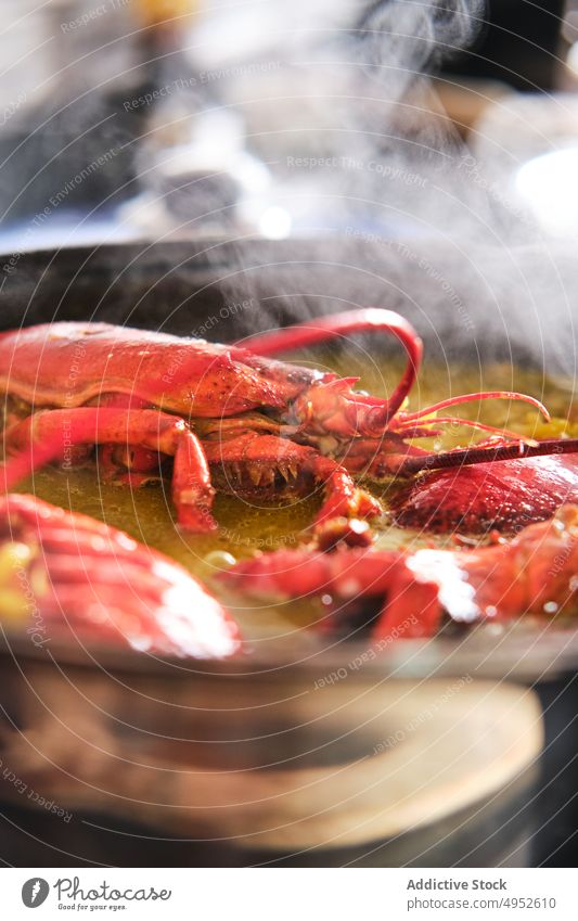 Typical Spanish Fideuá With Red Prawns lobster scarlet prawn dinner food cooking delicious seafood fish lunch dish traditional nutrition asia asian bowl chicken