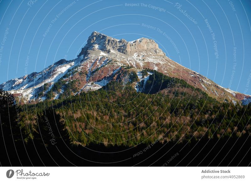 Rocky snowy mountain in Pyrenees rock forest tree winter nature woods frost acher castle jungle of oza aragon castillo de acher spain pyrenees rough cold scenic