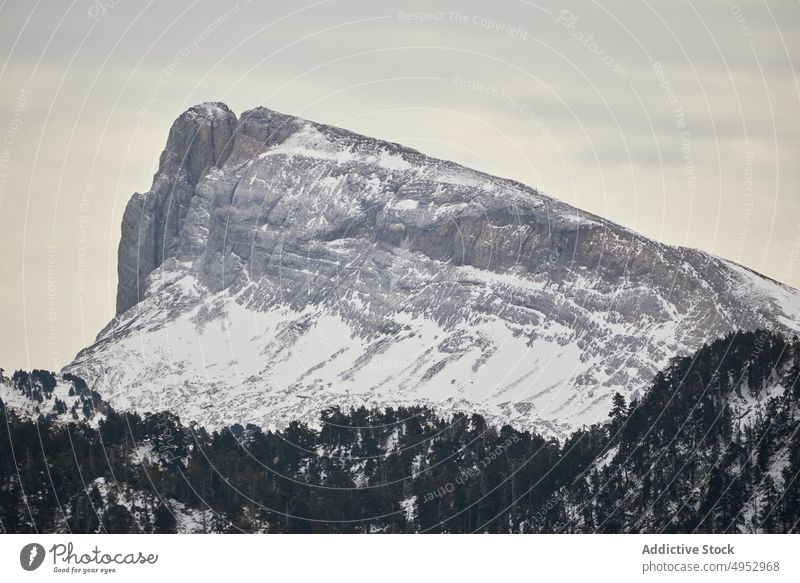 Mountain slope covered with snow under blue sky mountain steep rock tree highland stone nature cold wildlife peak environment winter season hillside pyrenees