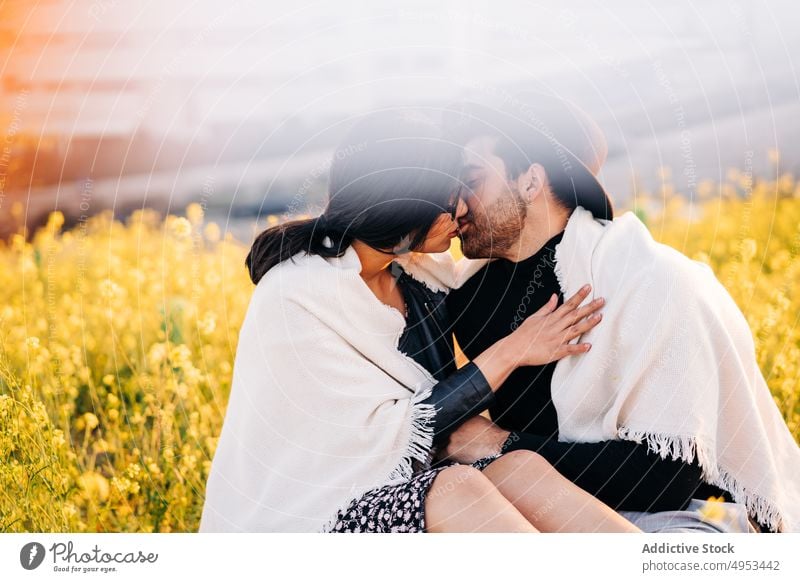 Couple kissing in field couple spend time weekend romance relationship candid soulmate city plaid eyewear boyfriend girlfriend romantic building urban interact