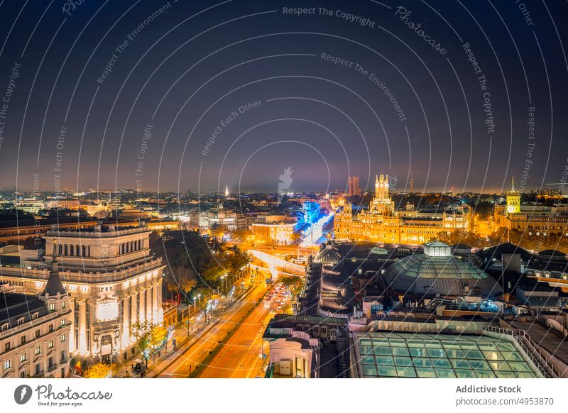 Beautiful night cityscape with historical buildings architecture street illumination road madrid spain urban district europe capital heritage tourism travel