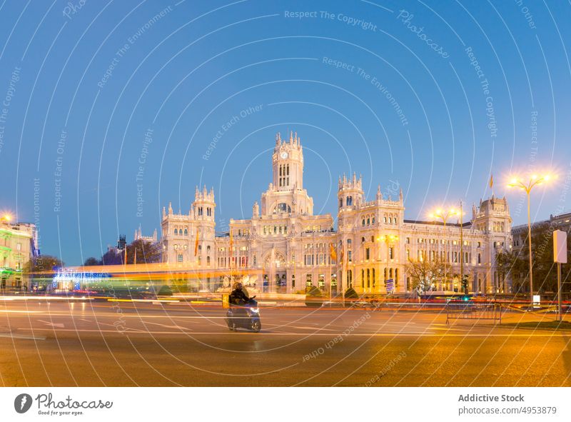 Historical palace and city square at evening time night historical architecture street building illumination road madrid spain cityscape urban district europe