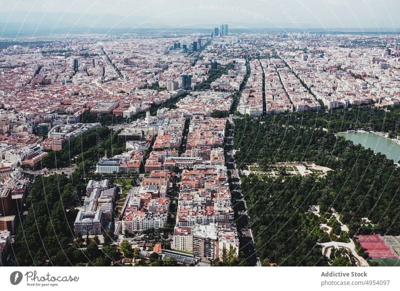 Landscape of city with developed infrastructure building architecture development aerial square spain outdoors madrid capital street urban skyline forest famous