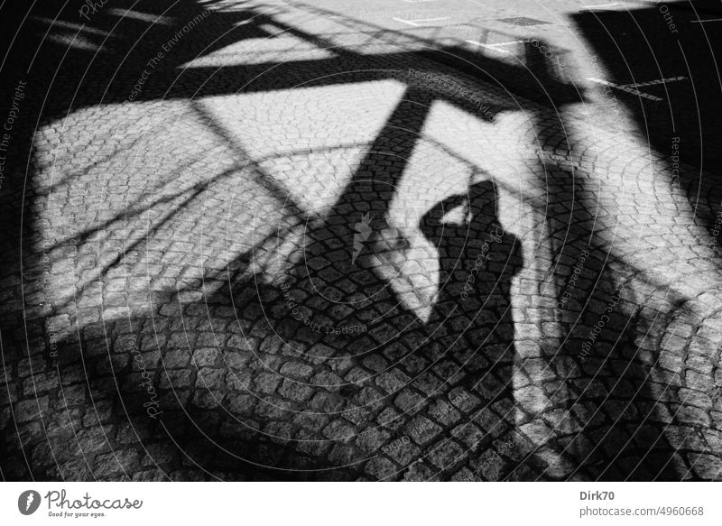 Shadow of a staircase and the photographer on the pavement Photographer Human being Man Take a photo Silhouette Light Exterior shot Black Contrast 1 Photography