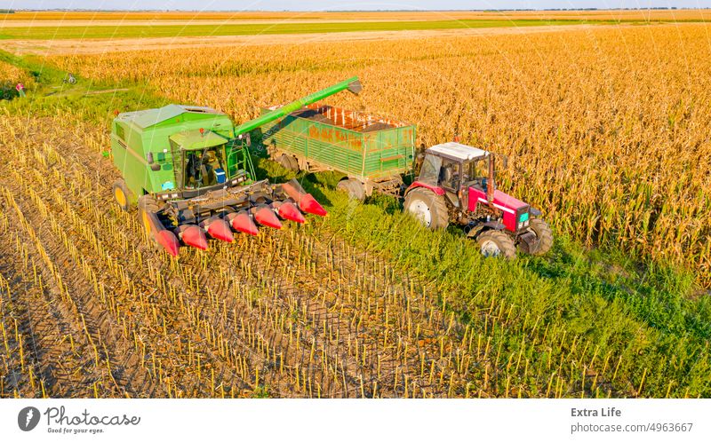 Aerial view combine is transferring freshly harvested cereal into trailer for transport Above Agricultural Agriculture Agronomy Cargo Cereal Combine Country