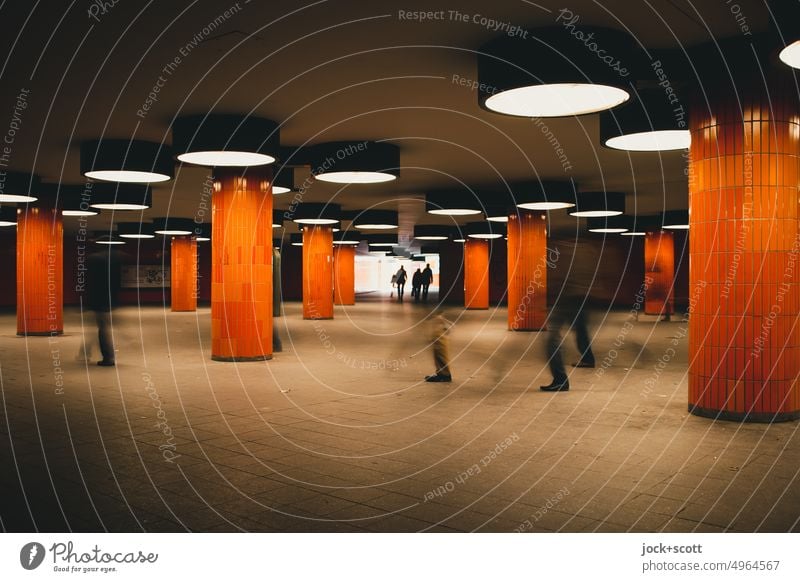 come and go underground Orange Architecture Retro Tile Column Lighting motion blur Shadow Lanes & trails Underpass Underground Subsoil Passage Ghosts & Spectres