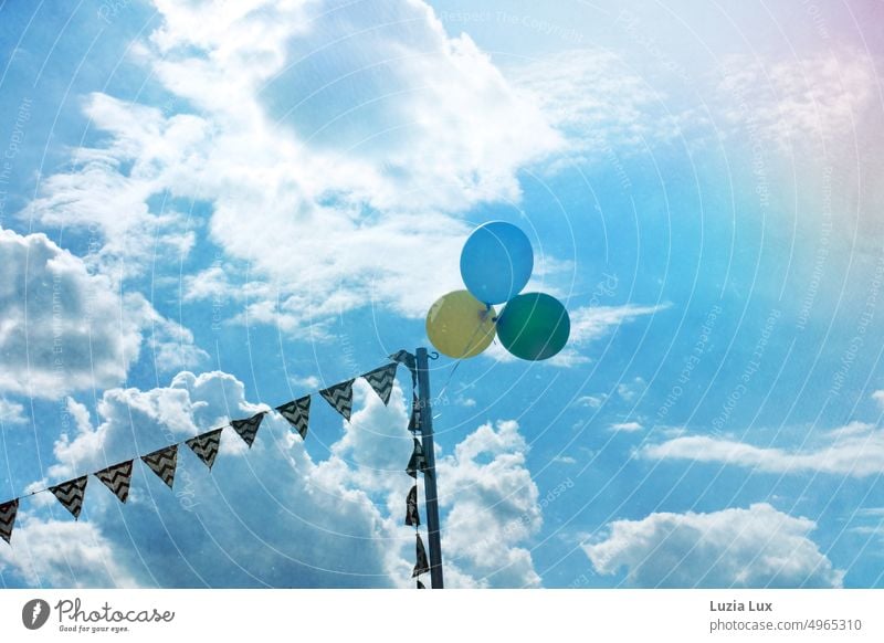 Garland and three balloons against blue summer sky Paper chain Summer Summertime Summerfest Green sunny Light Bright pretty Outdoors Sunlight Clouds cloudy