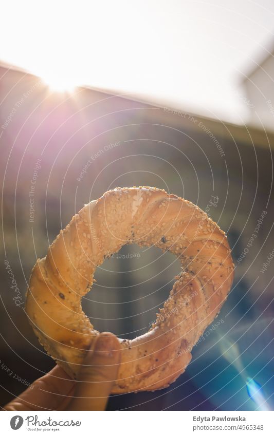 Traditional Polish Bagel from Krakow bagel round baked meal yellow breakfast pastry bread healthy dessert tasty delicious fresh snack bakery closeup brown food