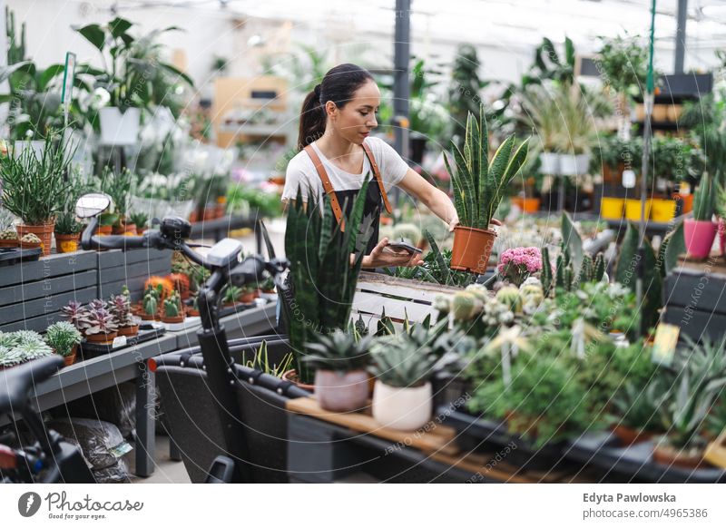 Florist at the flower shop, taking care of plants plant nursery smiling positivity nature garden gardening cultivate growth hobby freshness growing flora green